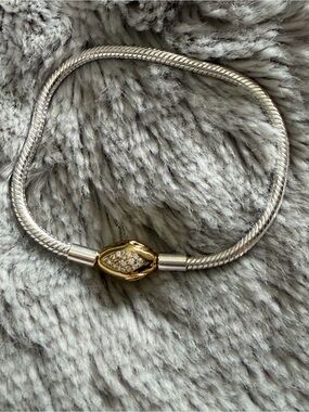 Pandora Silver Snake Chain Bracelet with Gold Pavé Clasp Accent new no box